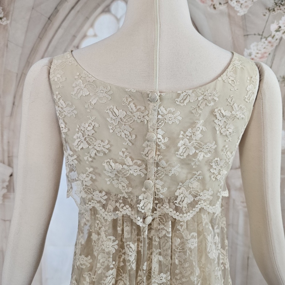 Vintage 1960's Dress Shift Beige Lace Overlay Empire Waist Mod Formal - Picture 11 of 14